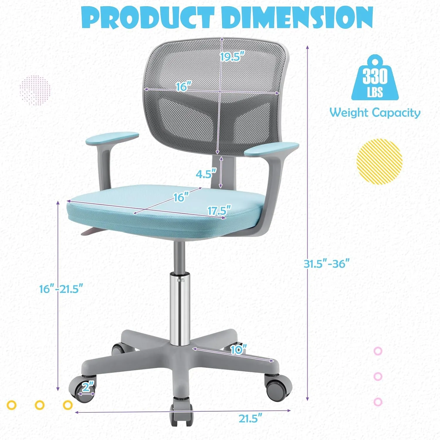 POWERSTONE Kids Desk Chair, Adjustable Mesh Computer Chair with Armrest, Soft Cushion and Mid Back Swivel Office Chair for Teens Students (Blue)
