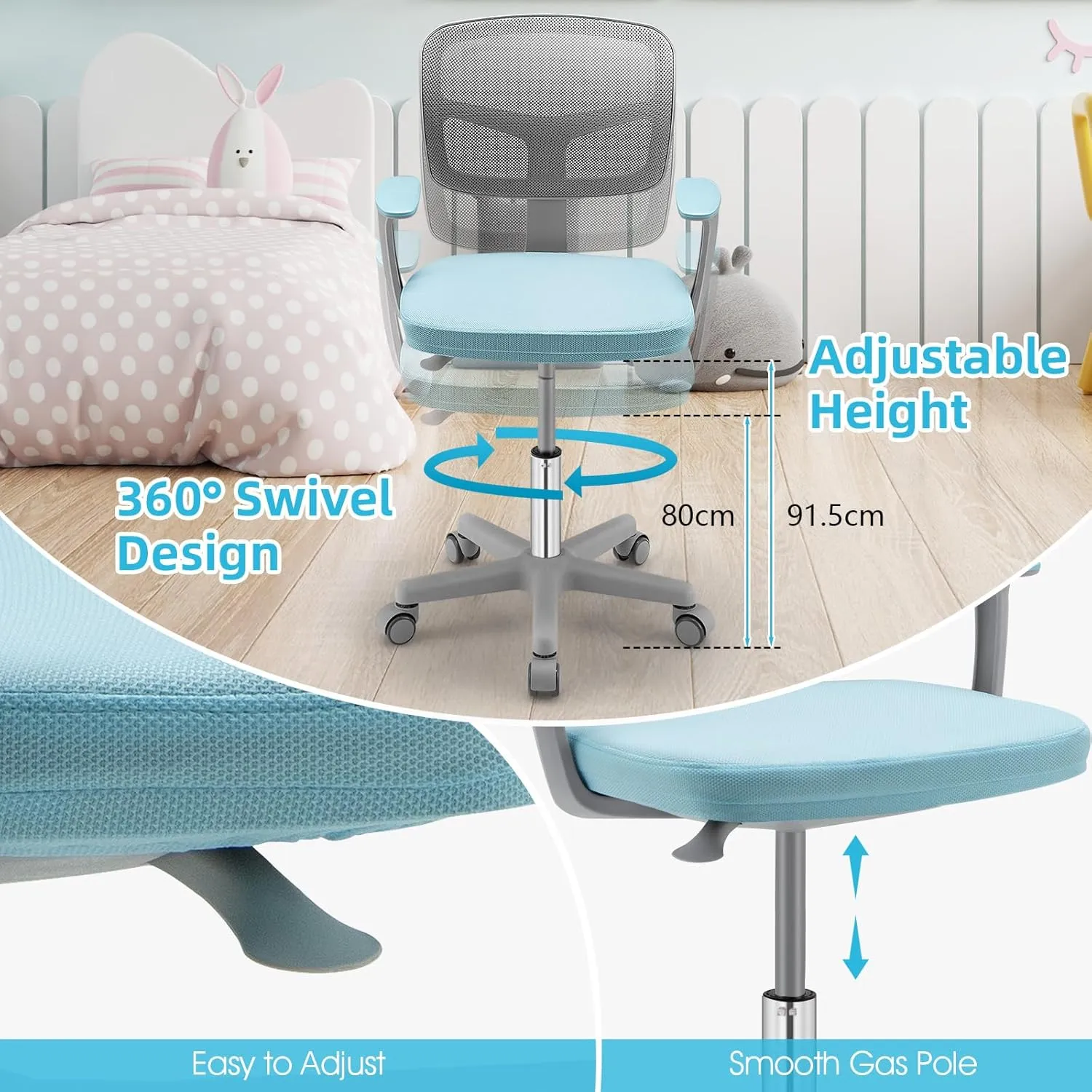 POWERSTONE Kids Desk Chair, Adjustable Mesh Computer Chair with Armrest, Soft Cushion and Mid Back Swivel Office Chair for Teens Students (Blue)