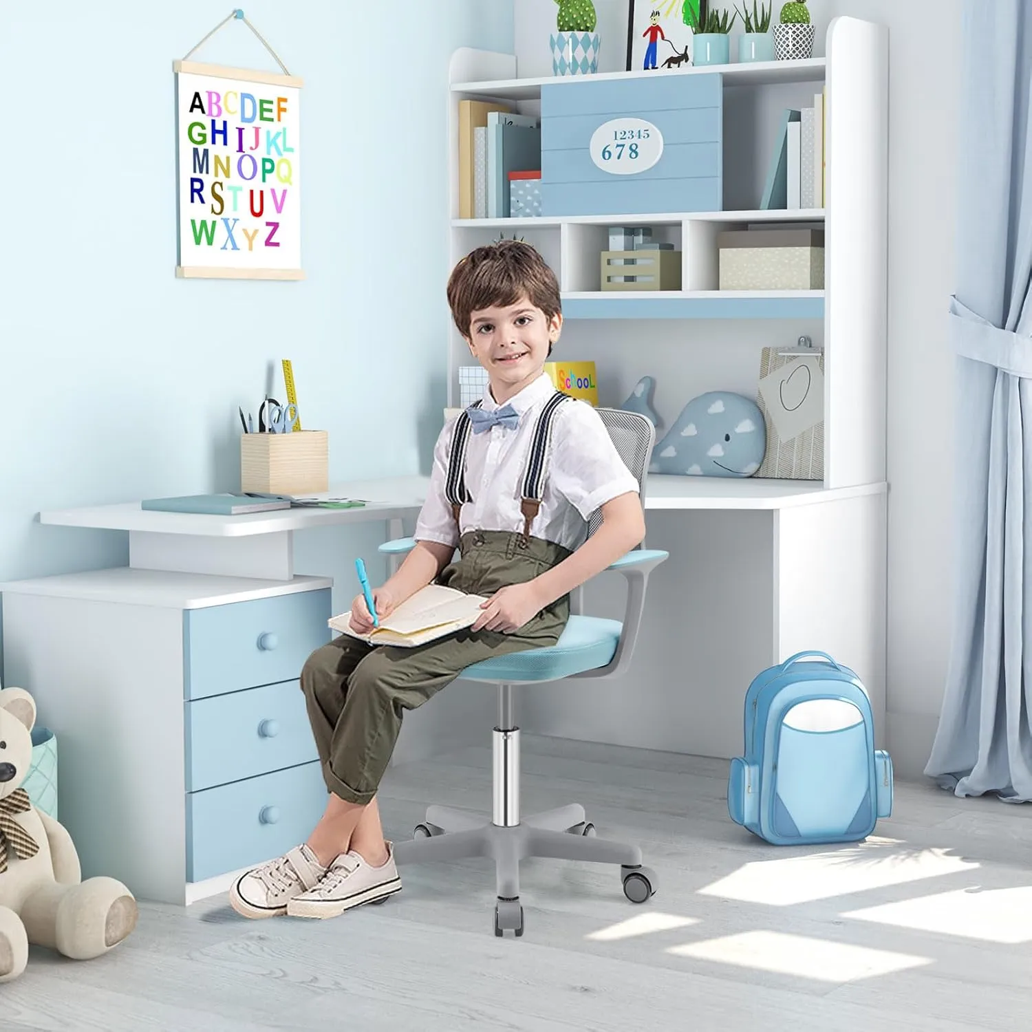 POWERSTONE Kids Desk Chair, Adjustable Mesh Computer Chair with Armrest, Soft Cushion and Mid Back Swivel Office Chair for Teens Students (Blue)
