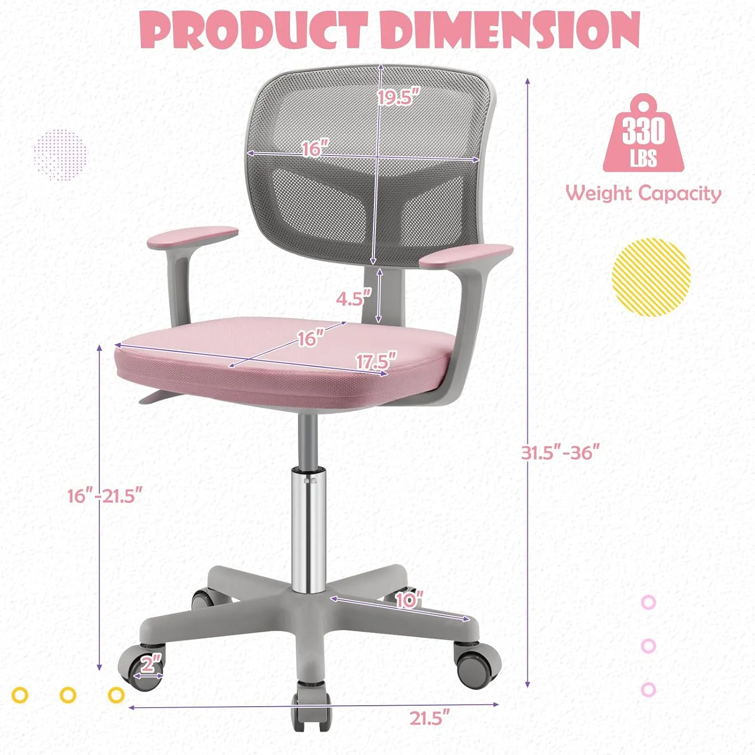 POWERSTONE Kids Desk Chair, Adjustable Mesh Computer Chair with Armrest, Soft Cushion and Mid Back Swivel Office Chair for Teens Students (Pink)