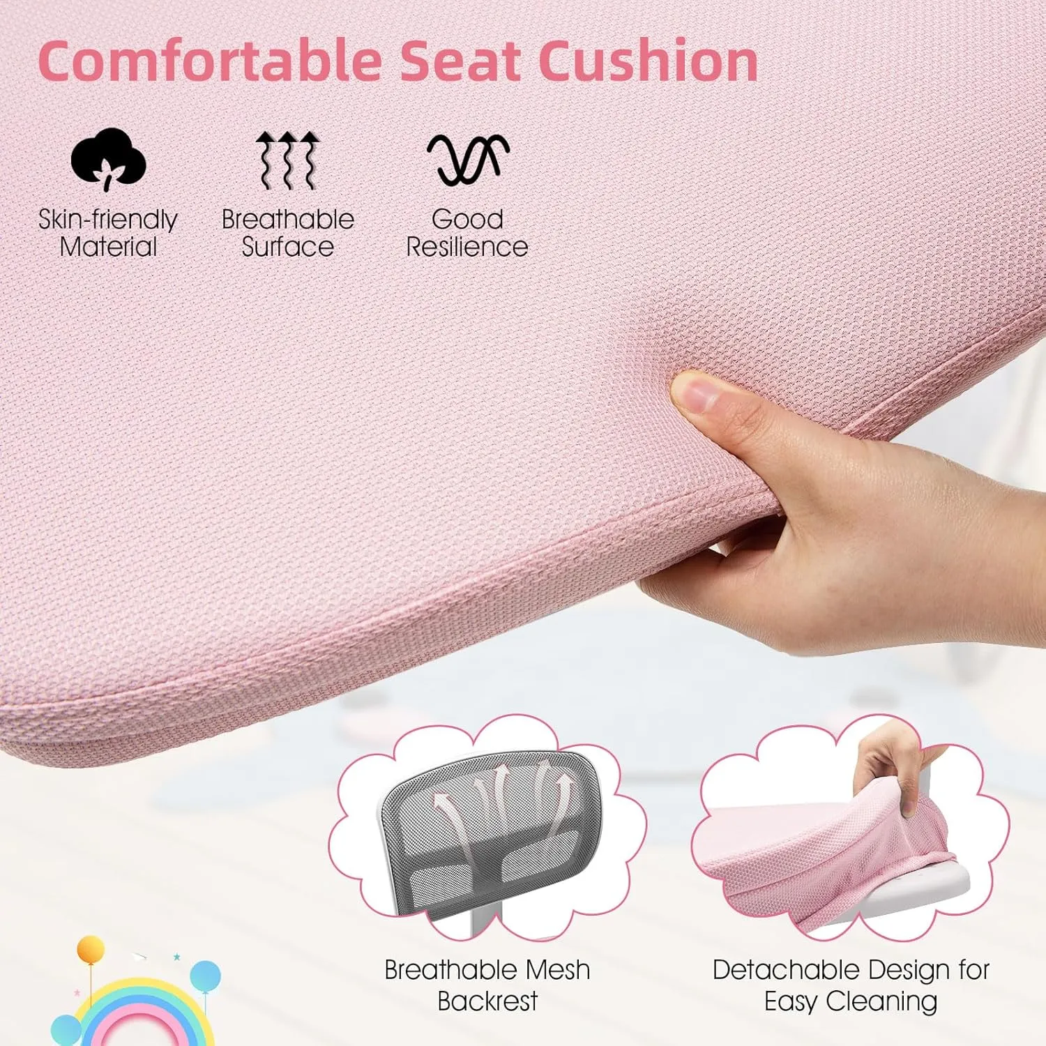 POWERSTONE Kids Desk Chair, Adjustable Mesh Computer Chair with Armrest, Soft Cushion and Mid Back Swivel Office Chair for Teens Students (Pink)