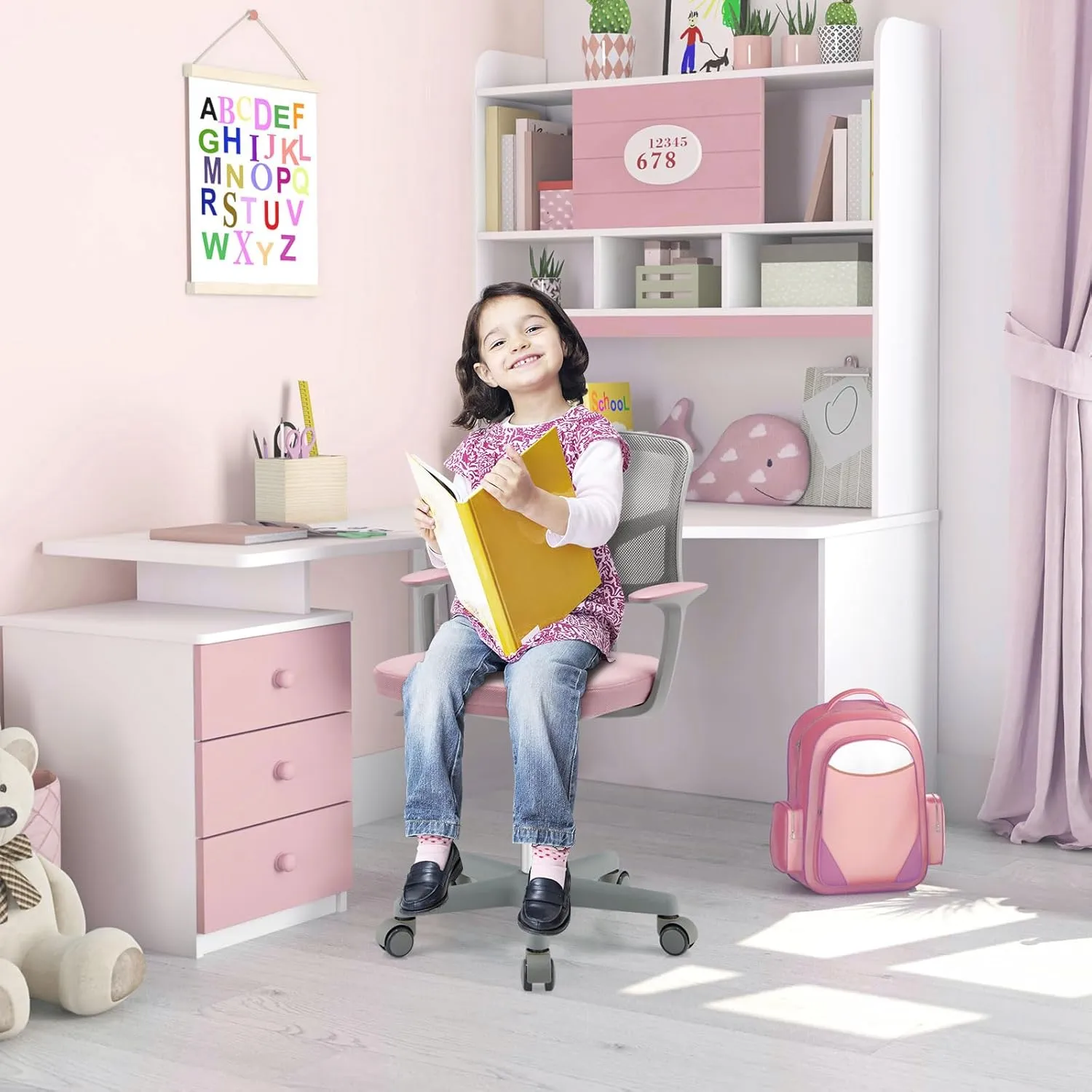 POWERSTONE Kids Desk Chair, Adjustable Mesh Computer Chair with Armrest, Soft Cushion and Mid Back Swivel Office Chair for Teens Students (Pink)