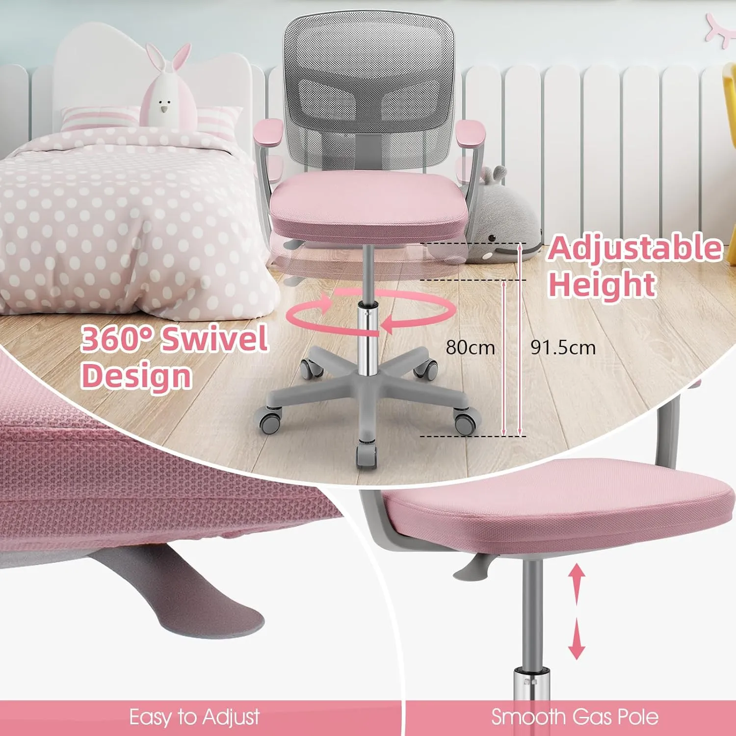 POWERSTONE Kids Desk Chair, Adjustable Mesh Computer Chair with Armrest, Soft Cushion and Mid Back Swivel Office Chair for Teens Students (Pink)