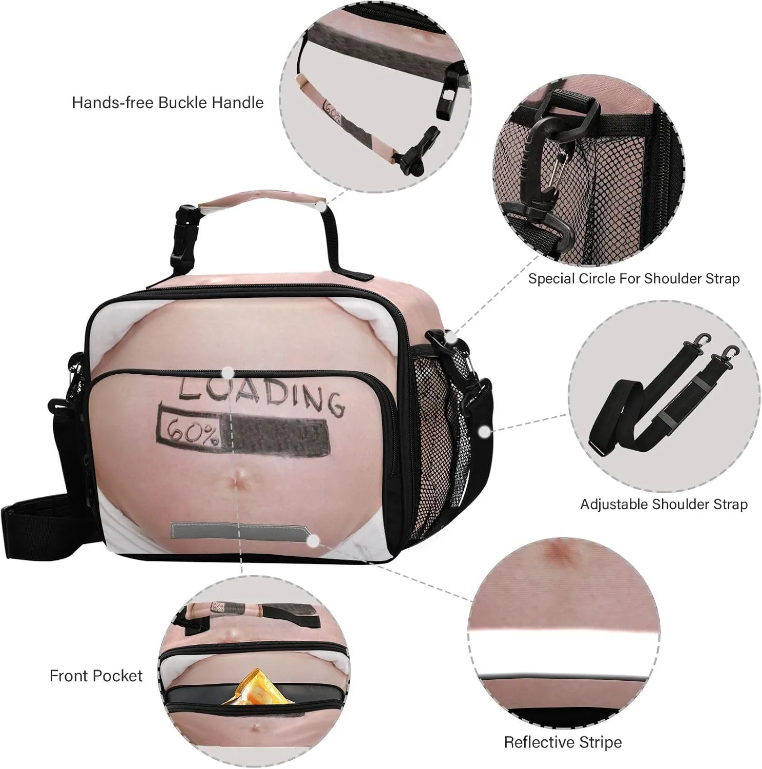 Pregnant Woman Belly Lunch Bag for Women Men Funny Insulated Cooler Tote Bag with Adjustable Shoulder Strap Large Capacity Reusable Leakproof Picnic Lunch Box Outdoor for Adult Office