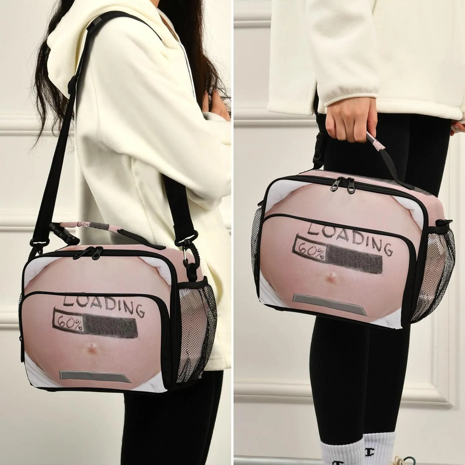 Pregnant Woman Belly Lunch Bag for Women Men Funny Insulated Cooler Tote Bag with Adjustable Shoulder Strap Large Capacity Reusable Leakproof Picnic Lunch Box Outdoor for Adult Office