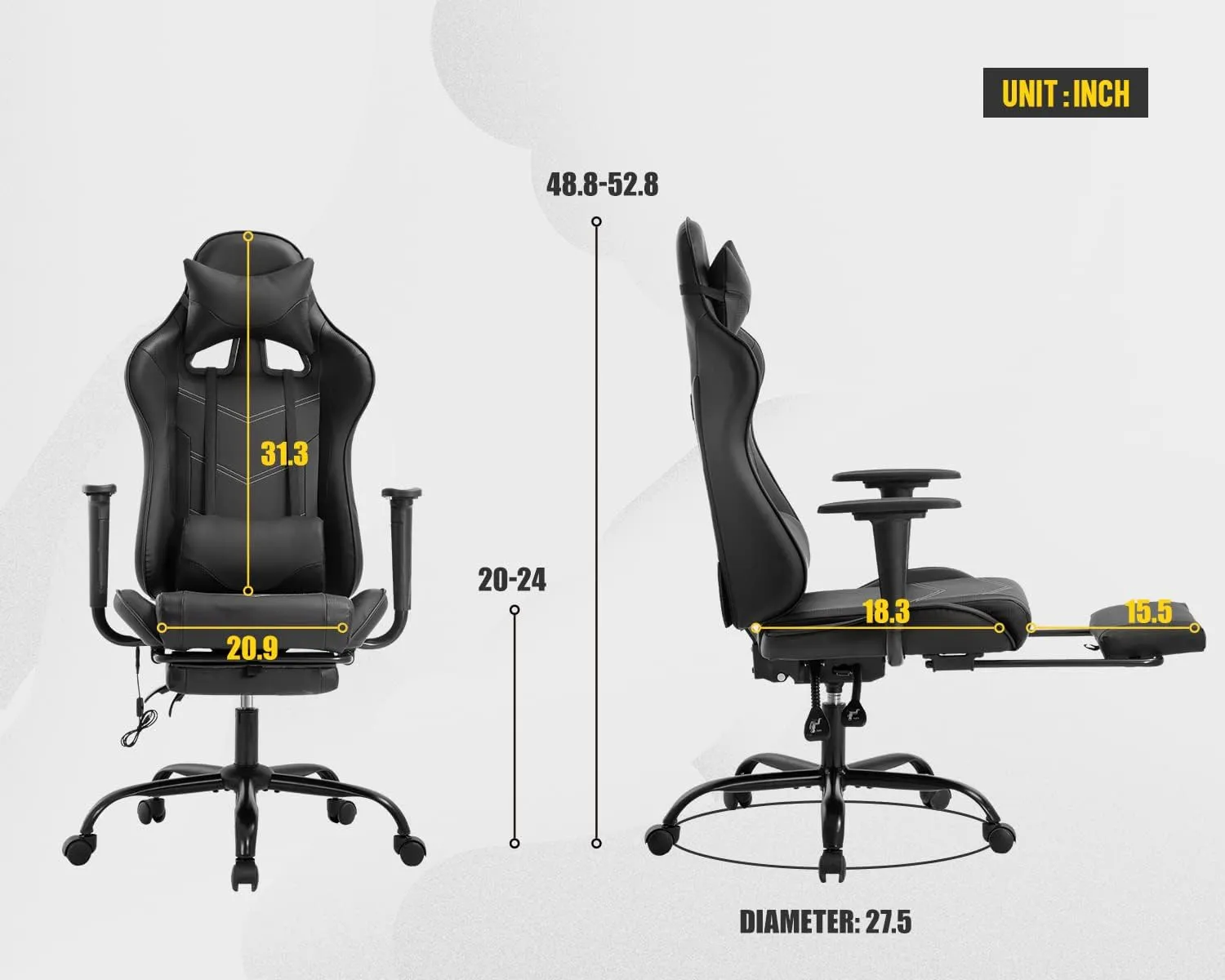 PU Leather Ergonomic Gaming Chair with Massage, Lumbar Support, Footrest and Armrest - Big and Tall, Racing Style for Adults Gaming Work Study