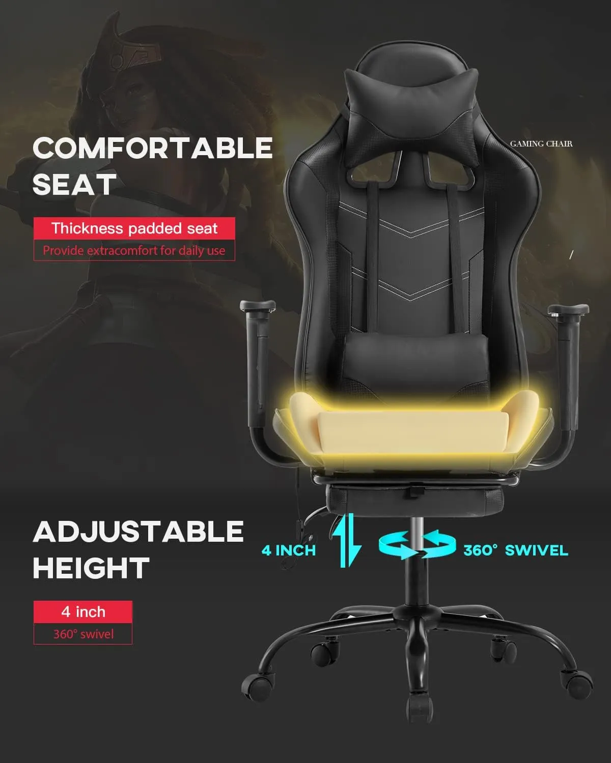 PU Leather Ergonomic Gaming Chair with Massage, Lumbar Support, Footrest and Armrest - Big and Tall, Racing Style for Adults Gaming Work Study
