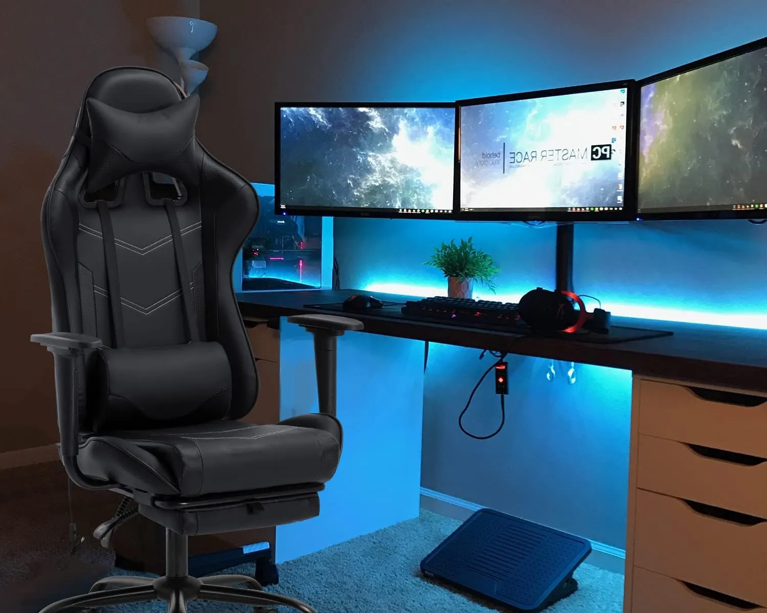 PU Leather Ergonomic Gaming Chair with Massage, Lumbar Support, Footrest and Armrest - Big and Tall, Racing Style for Adults Gaming Work Study