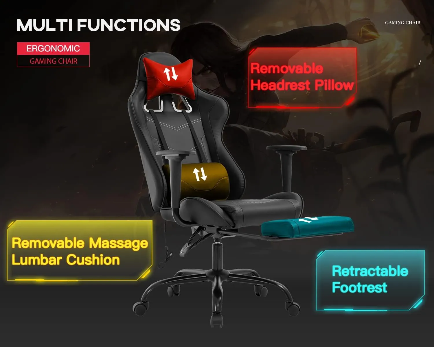 PU Leather Ergonomic Gaming Chair with Massage, Lumbar Support, Footrest and Armrest - Big and Tall, Racing Style for Adults Gaming Work Study