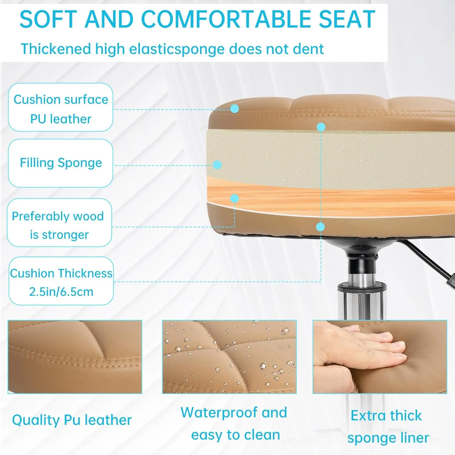 PU Leather Rolling Stool Height Adjustable Round Swivel Stools for Spa Salon Massage Work Chair with Foot Rest Brown