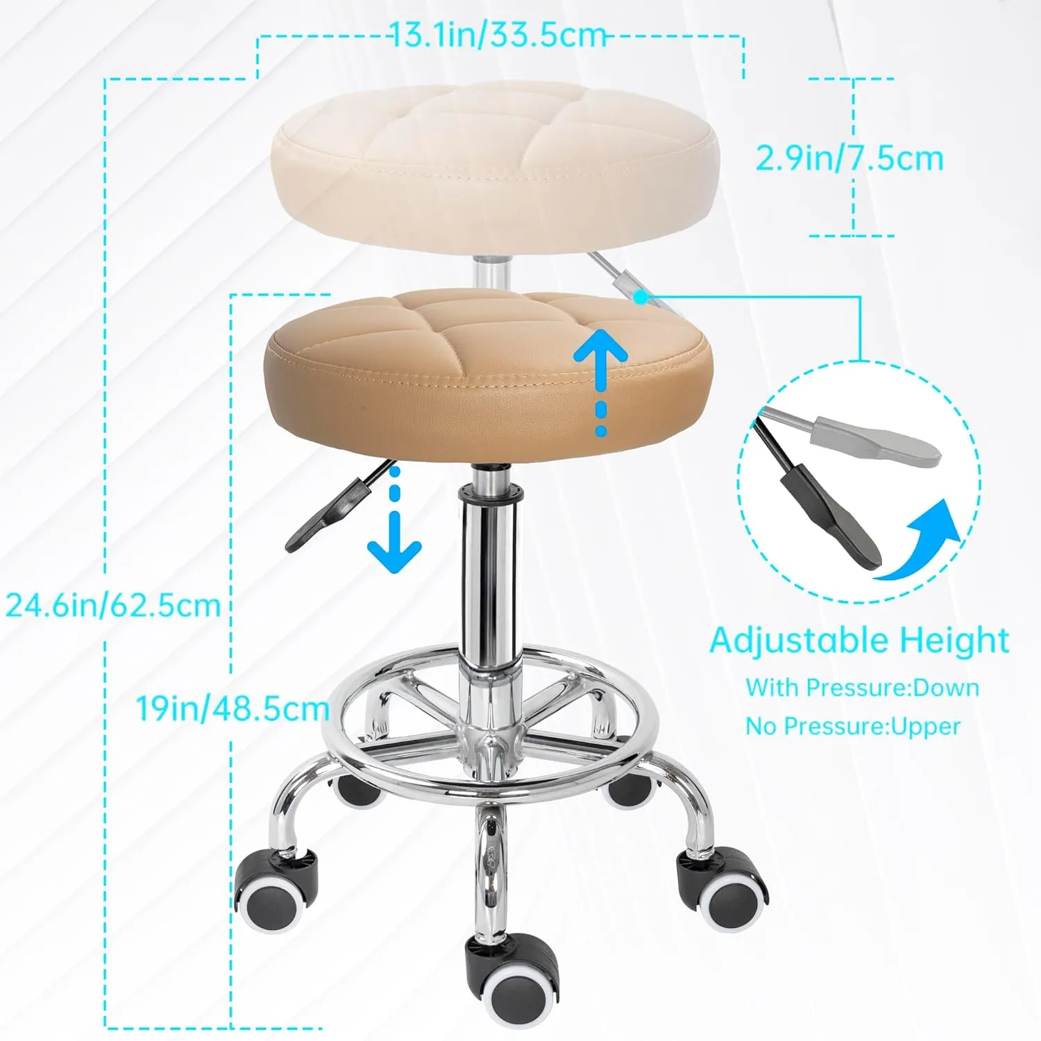PU Leather Rolling Stool Height Adjustable Round Swivel Stools for Spa Salon Massage Work Chair with Foot Rest Brown