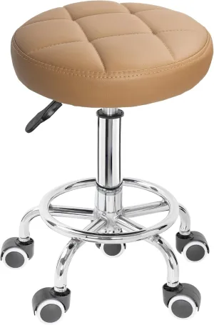 PU Leather Rolling Stool Height Adjustable Round Swivel Stools for Spa Salon Massage Work Chair with Foot Rest Brown