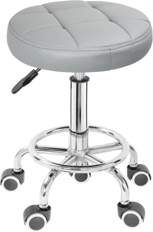 PU Leather Rolling Stool Height Adjustable Round Swivel Stools for Spa Salon Massage Work Chair with Foot Rest Grey