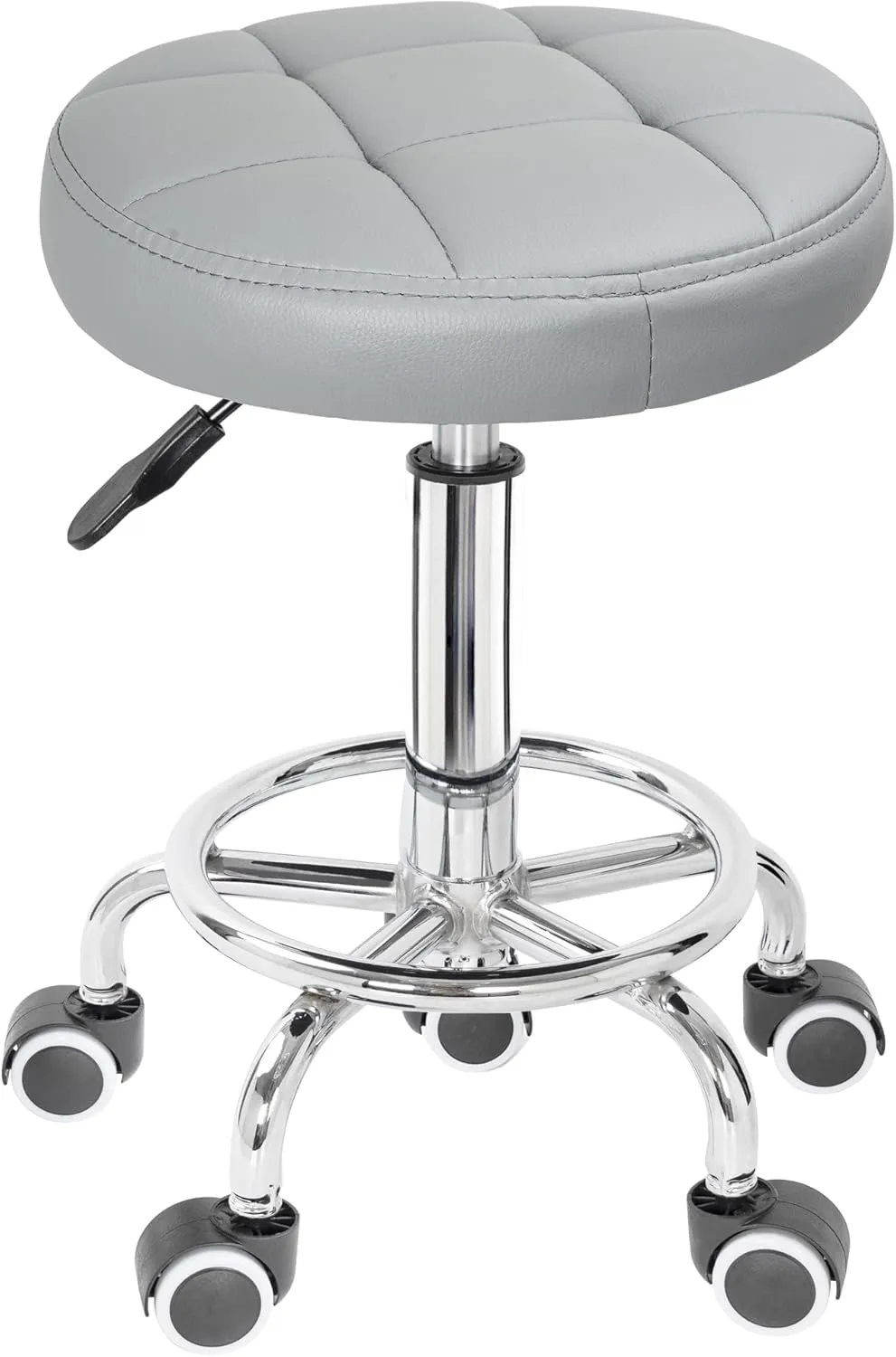 PU Leather Rolling Stool Height Adjustable Round Swivel Stools for Spa Salon Massage Work Chair with Foot Rest Grey