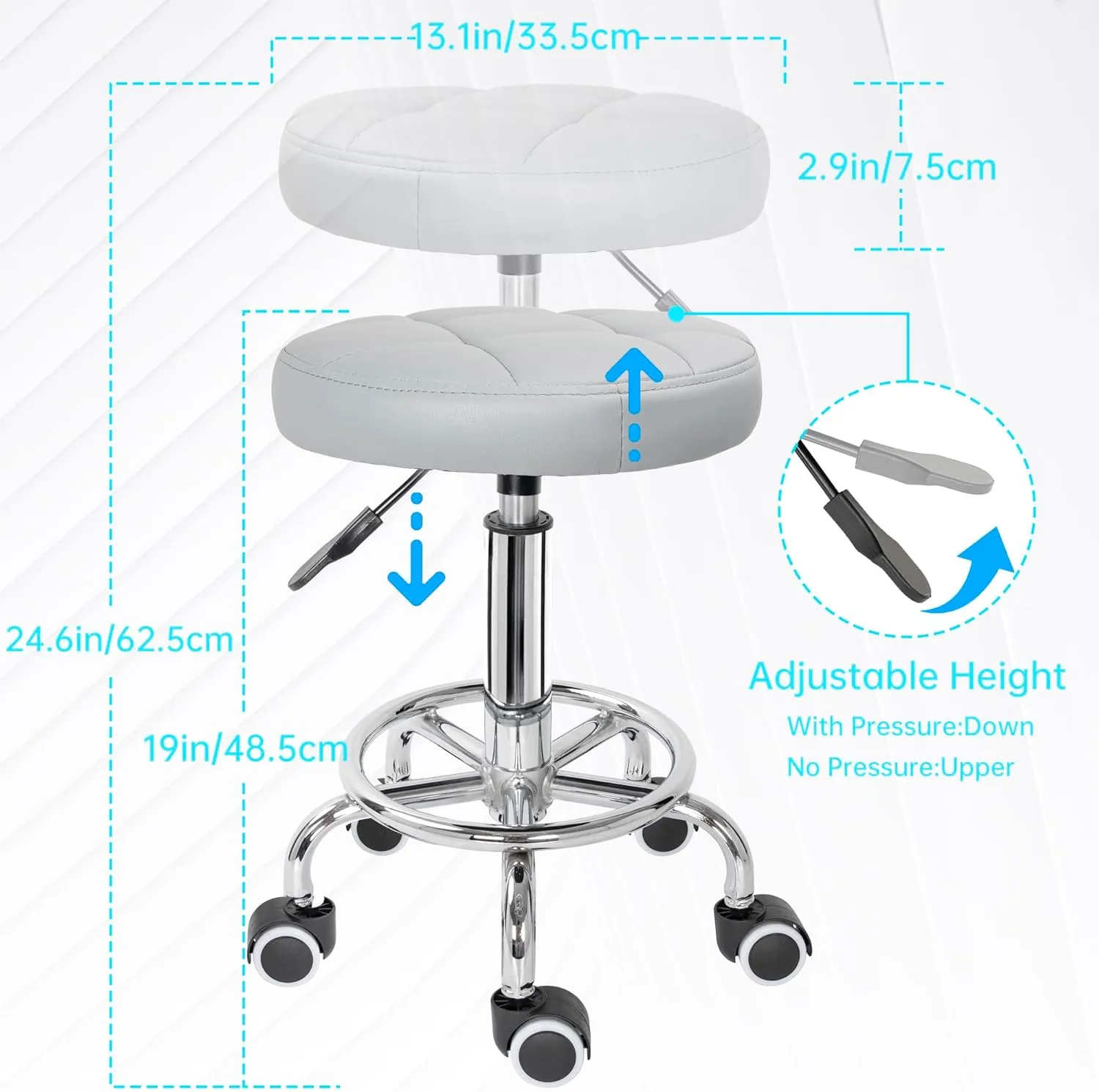 PU Leather Rolling Stool Height Adjustable Round Swivel Stools for Spa Salon Massage Work Chair with Foot Rest Grey