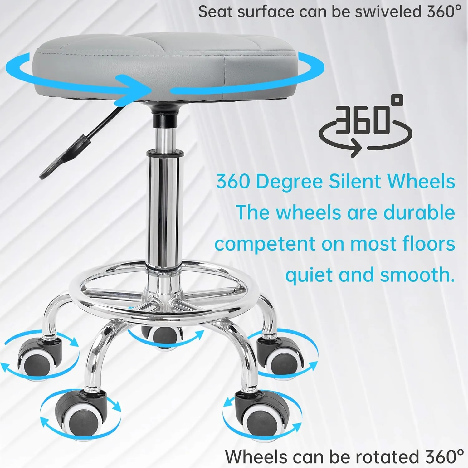 PU Leather Rolling Stool Height Adjustable Round Swivel Stools for Spa Salon Massage Work Chair with Foot Rest Grey
