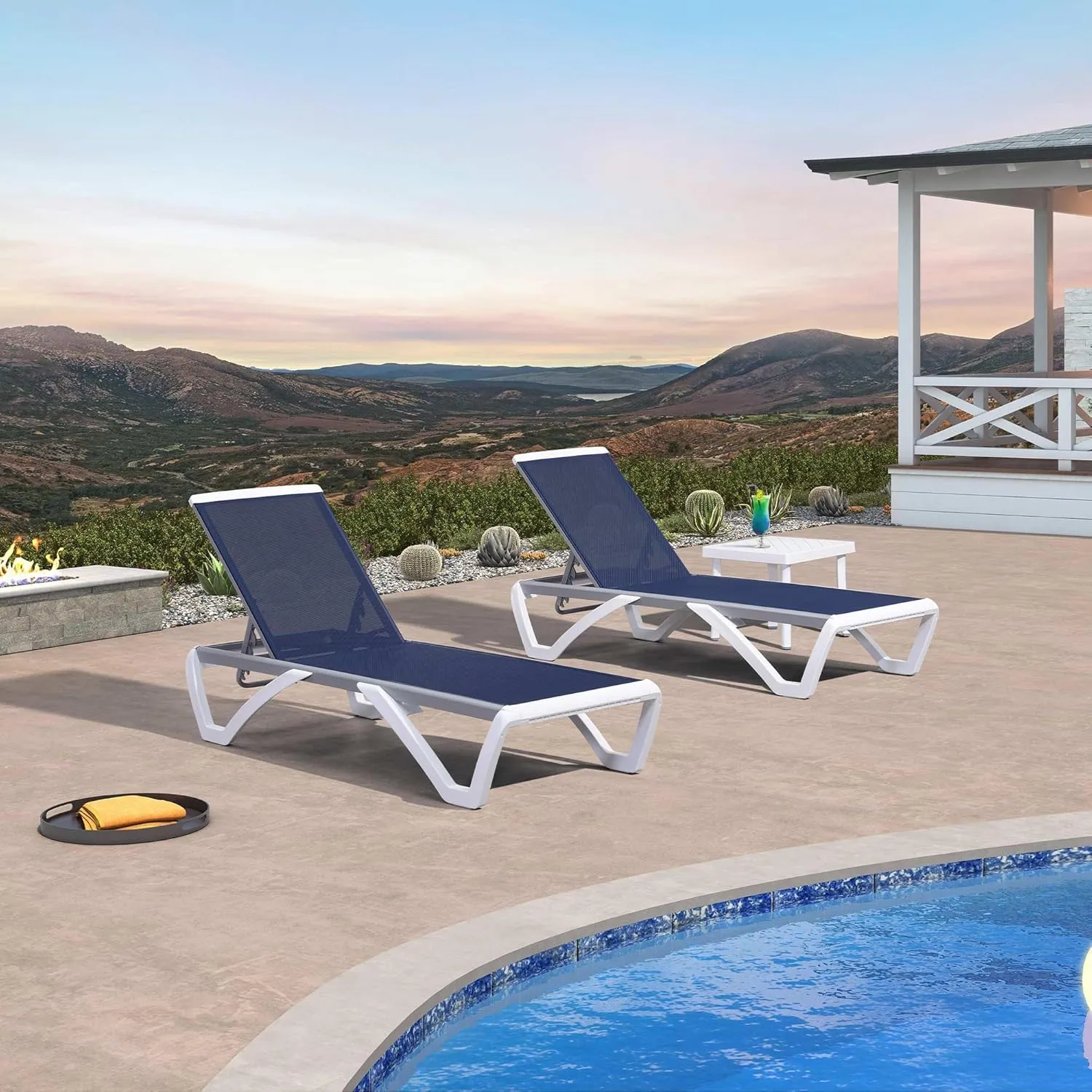 PURPLE LEAF Patio Chaise Lounge Chair Set of 3 Outside Aluminum Plastic Stackable Tanning Chairs for Pool Sunbathing Beach Deck Outdoor Lounger, Dark Blue