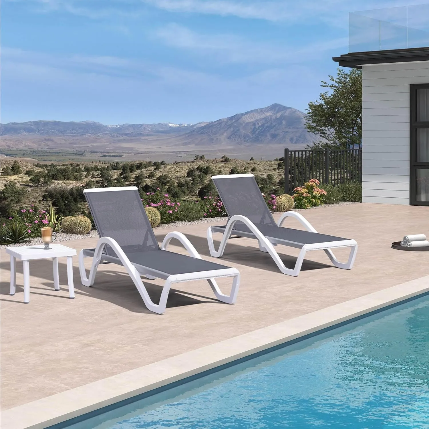 PURPLE LEAF Patio Chaise Lounge Chair Set of 3 Outside Aluminum Plastic Stackable Tanning Chairs with Armrests and Side Table for Pool Sunbathing Beach Deck Outdoor Lounger, Gray