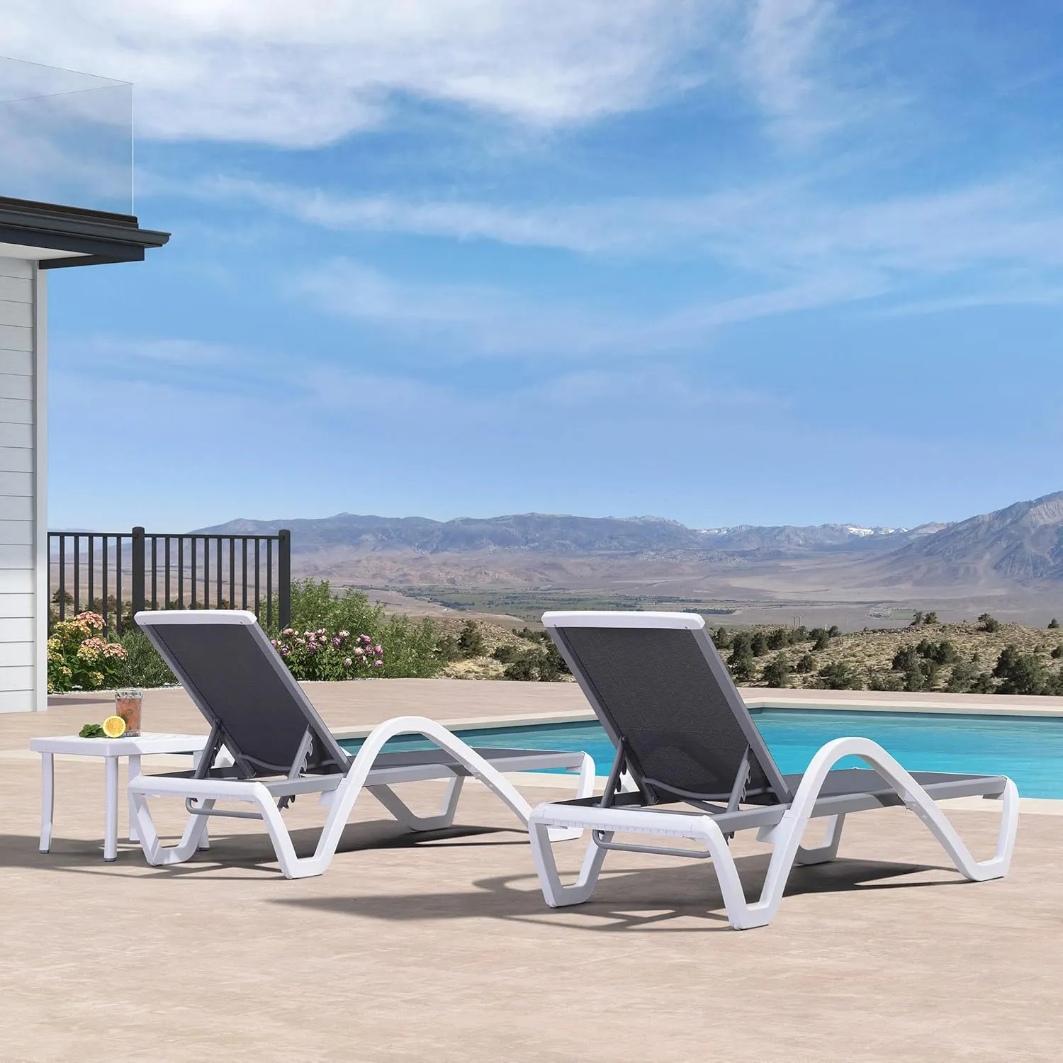 PURPLE LEAF Patio Chaise Lounge Chair Set of 3 Outside Aluminum Plastic Stackable Tanning Chairs with Armrests and Side Table for Pool Sunbathing Beach Deck Outdoor Lounger, Gray