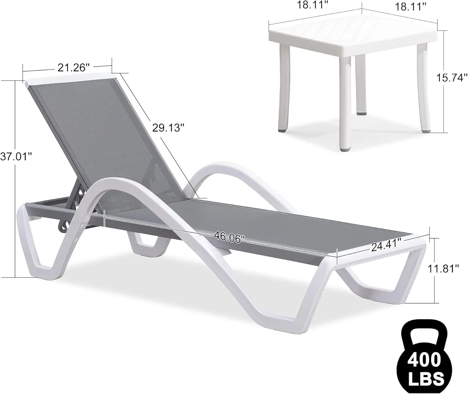 PURPLE LEAF Patio Chaise Lounge Chair Set of 3 Outside Aluminum Plastic Stackable Tanning Chairs with Armrests and Side Table for Pool Sunbathing Beach Deck Outdoor Lounger, Gray