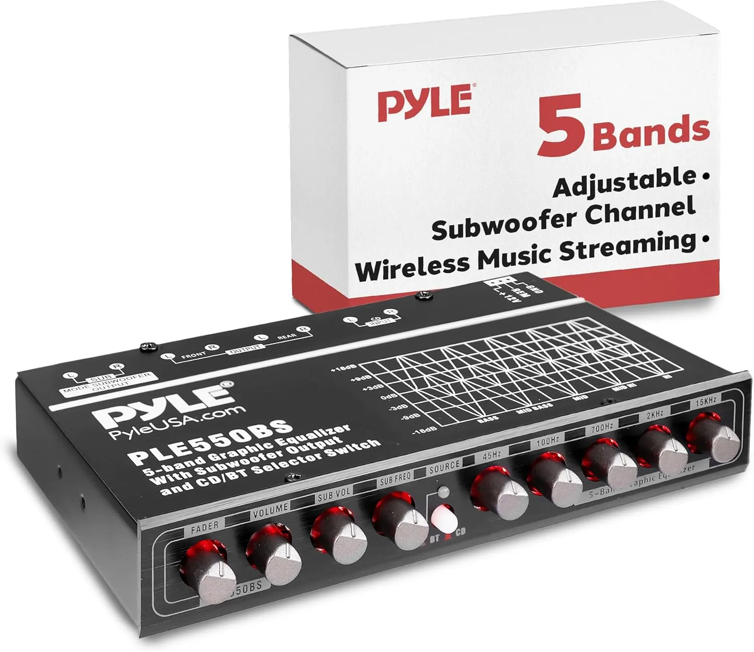 Pyle 5 Bands Graphic Equalizer - Wireless with Subwoofer Channel Sub Volume Control, Stereo RCA Output, Low Bass Filter with Adjustable Control, Aux RCA Input, Blue LED Indicator, 7 x 4.72 x 1.18 in