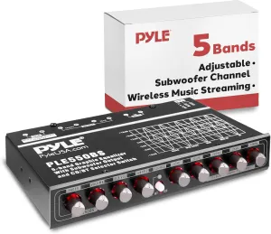 Pyle 5 Bands Graphic Equalizer - Wireless with Subwoofer Channel Sub Volume Control, Stereo RCA Output, Low Bass Filter with Adjustable Control, Aux RCA Input, Blue LED Indicator, 7 x 4.72 x 1.18 in