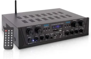 Pyle 500W 4-Channel Karaoke Bluetooth Amplifier - Home Theater Audio Receiver with AUX - FM - RCA Subwoofer Output - USB - Microphone Input with Echo for Wireless Music Streaming - PTA44BT