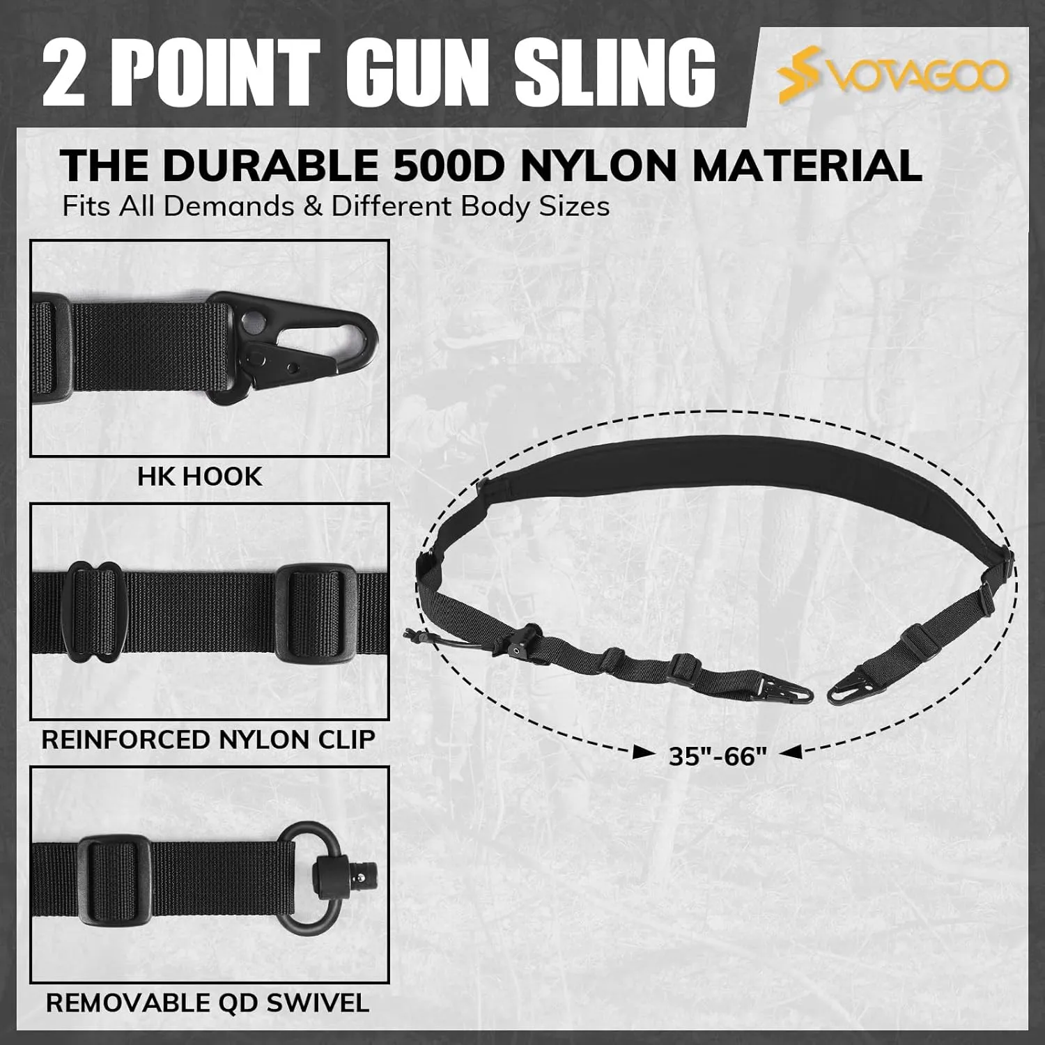 QD Sling 2 Point Sling Swivel Quick Adjust Gun Sling with HK Hook Soft Shoulder Pad, Rifle Sling for Hunting Tactical Strap