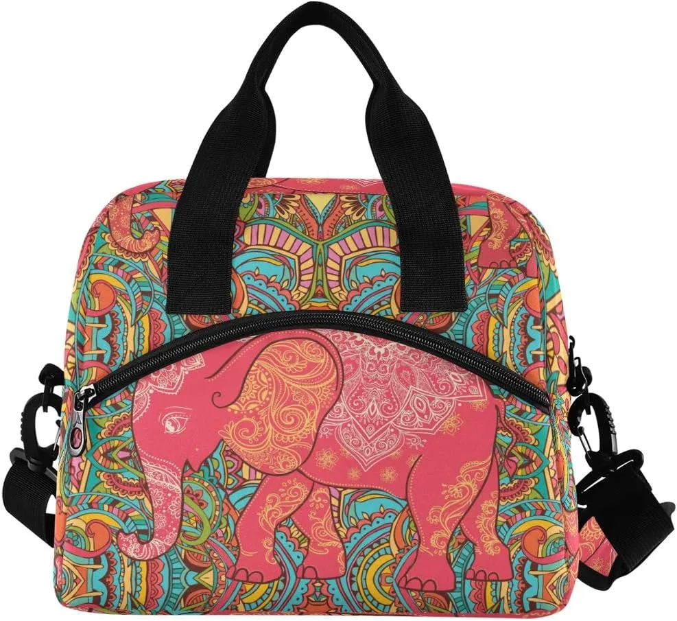 Qilmy Paisley Elephant Lunch Bag Insulated Cooler Lunch Tote Bag with Adjustable Shoulder Strap for Office Work School Picnic Travel