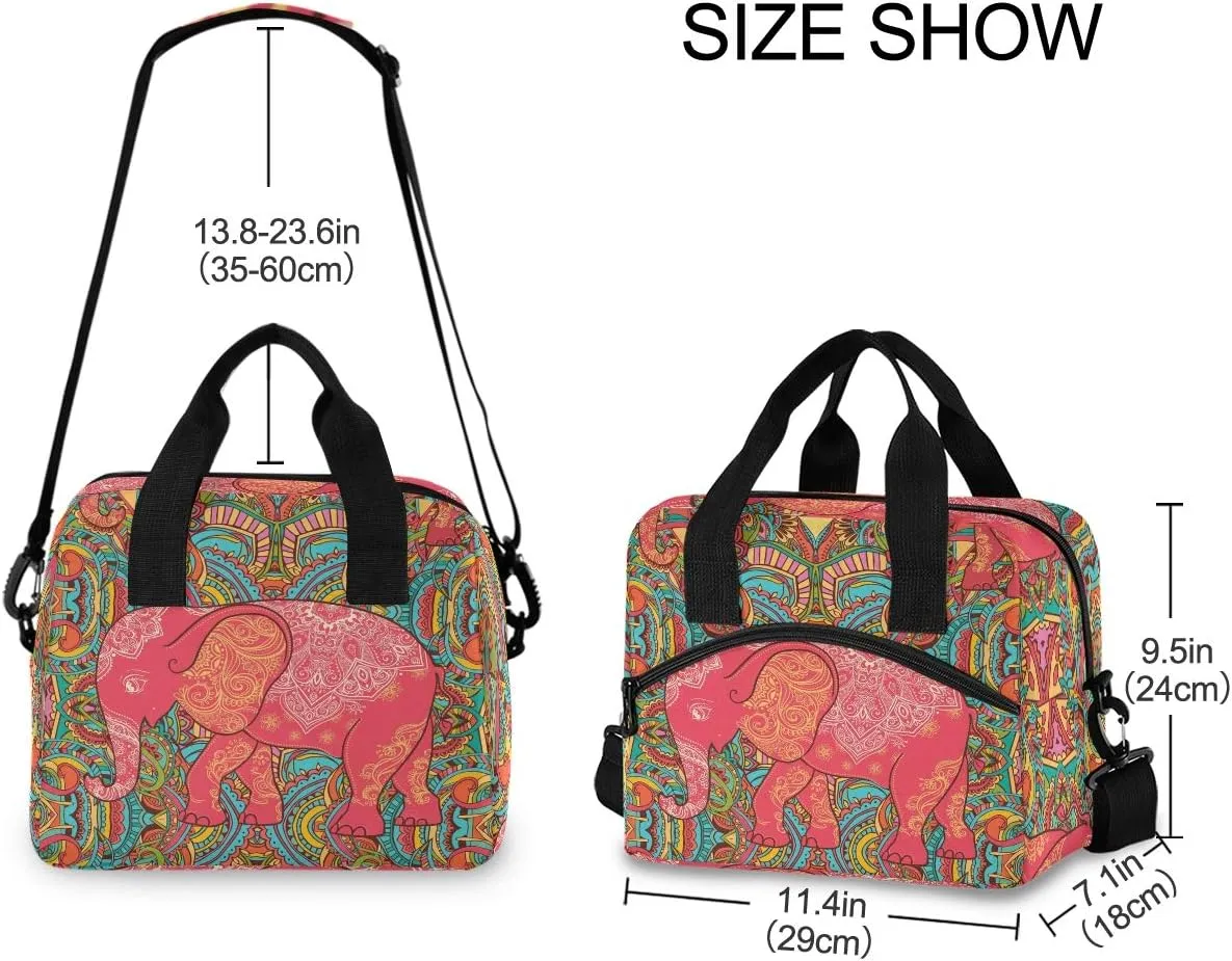 Qilmy Paisley Elephant Lunch Bag Insulated Cooler Lunch Tote Bag with Adjustable Shoulder Strap for Office Work School Picnic Travel