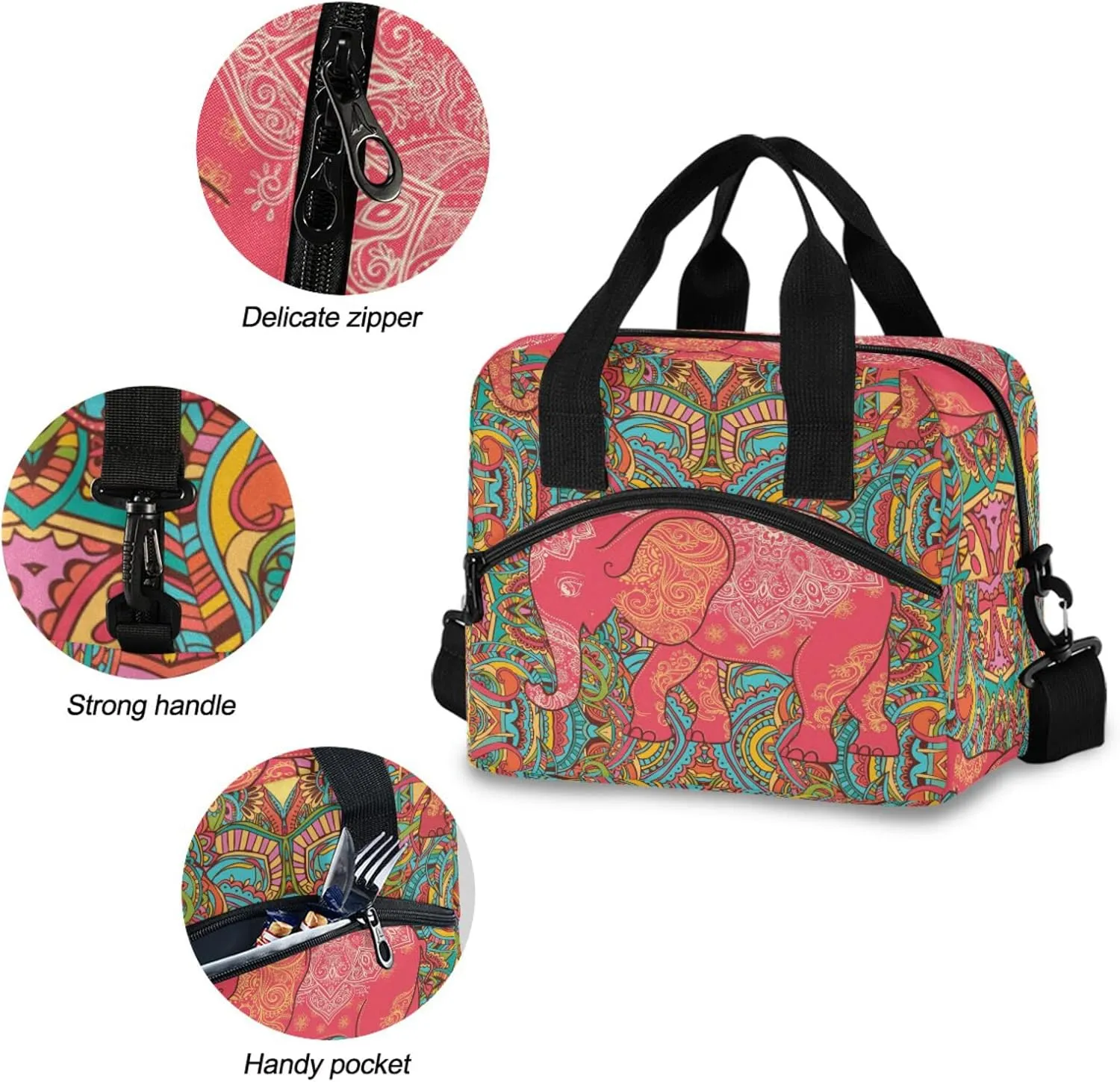Qilmy Paisley Elephant Lunch Bag Insulated Cooler Lunch Tote Bag with Adjustable Shoulder Strap for Office Work School Picnic Travel