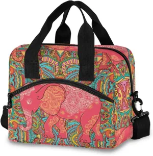 Qilmy Paisley Elephant Lunch Bag Insulated Cooler Lunch Tote Bag with Adjustable Shoulder Strap for Office Work School Picnic Travel