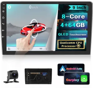 Qualcomm [8-Core 4 64G] Double Din Android 13 Car Radio with 9 Inch QLED Touchscreen, Car Stereo with Wireless Carplay Android Auto - 3D Car Model/WiFi/GPS/BT/FM/RDS/DSP/SWC/Backup Camera/MIC