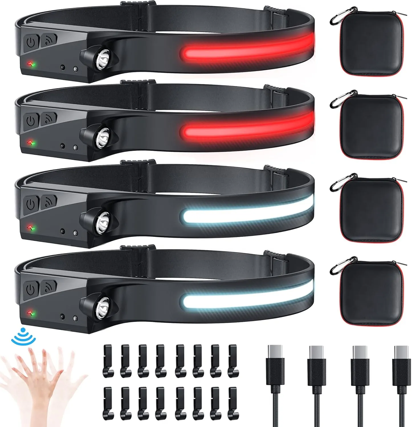 Rechargeable Headlamp 4PCS, 230° Wide Beam Head Lamp with Red Light Option, 6Mode Headlamps for Adults, Motion Sensor LED Headlamp with storage case, Headlamp Flashlight for Camping Essentials Gear