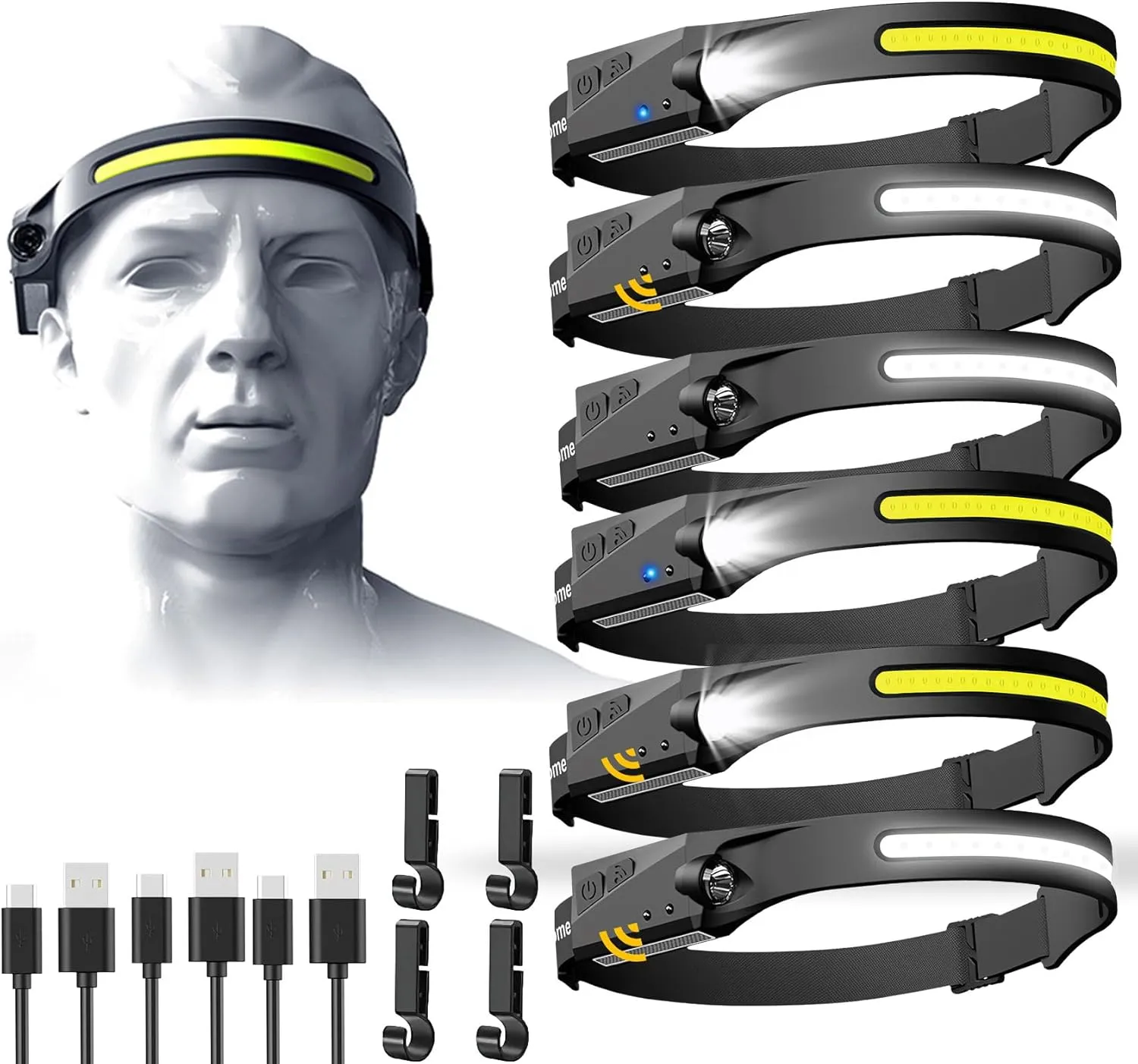 Rechargeable Headlamp 6 PCS, 230°Beam Headlamp for Adults, 6 Mode Camping & Spotlight, Motion Sensor, Lightweight Headlights Flashlight