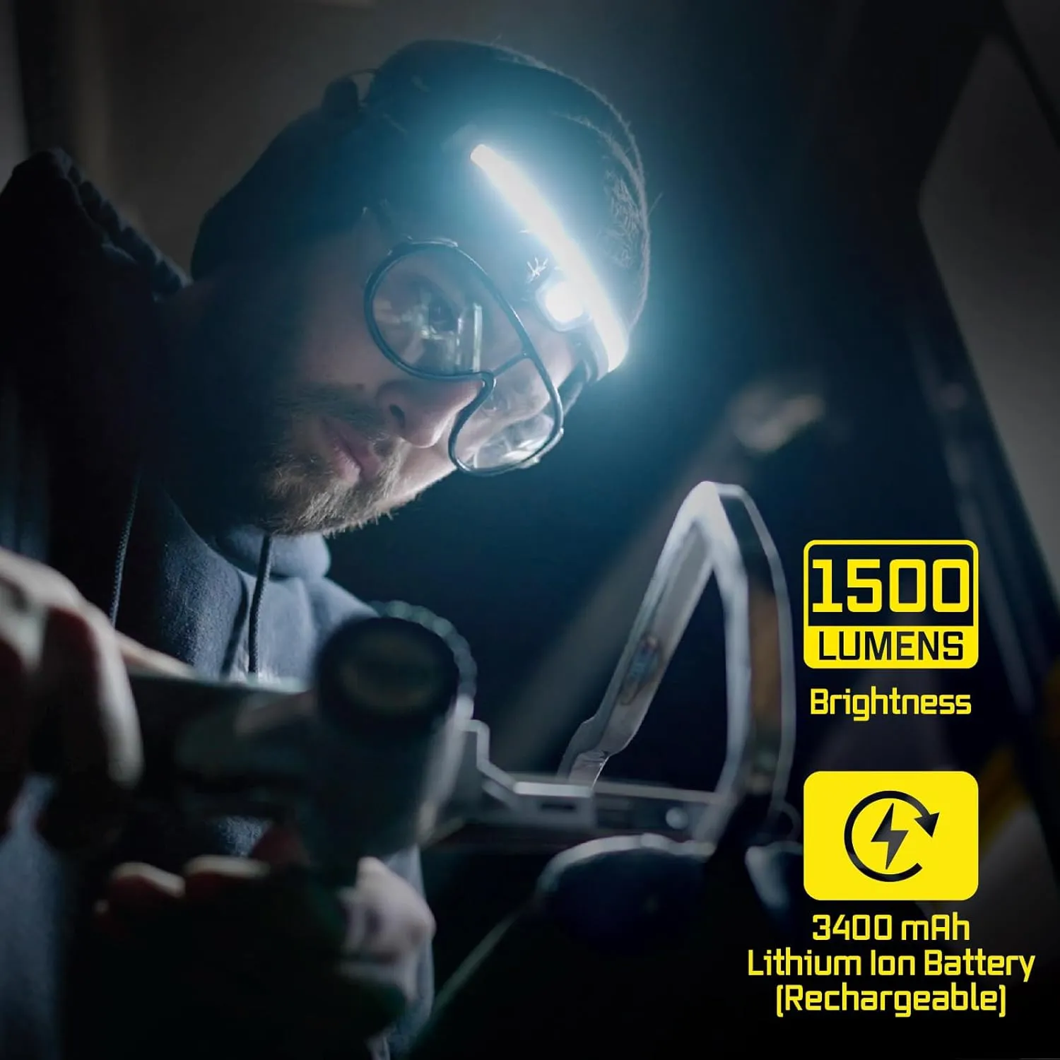 Rechargeable LED Headlamp - Liteband PRO 1500 Lumens Super Bright Head Lamp, Powerful Battery Powered Tactical Headlamps, Camping, Running, Hard Hat Light, Best Rated Forehead Flashlight, Carbon