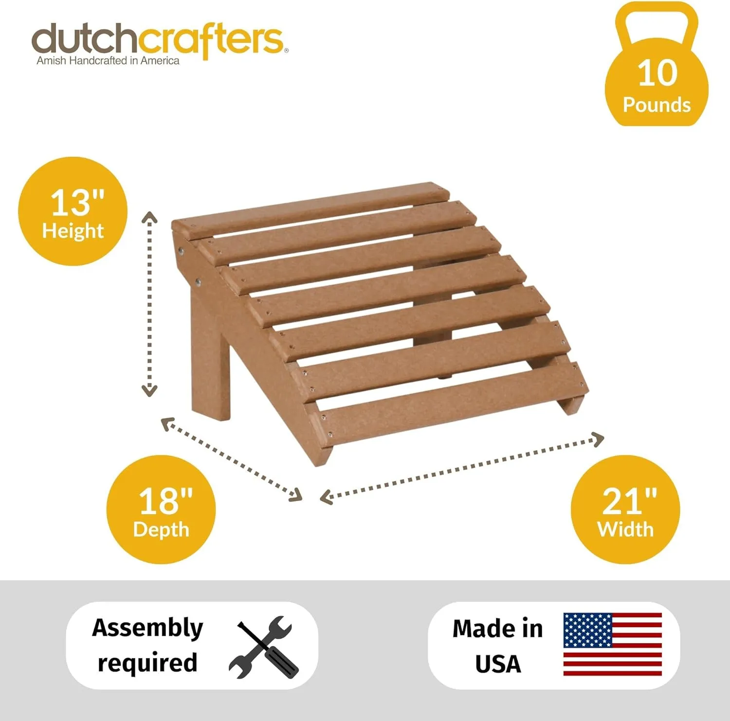 Recycled Plastic HDPE Poly Patio Footstool, Adirondack Chair Ottoman, Outdoor Footrest for Patio, Balcony, Garden, Lawn, Beach, Camping - Made in America (Weatherwood)