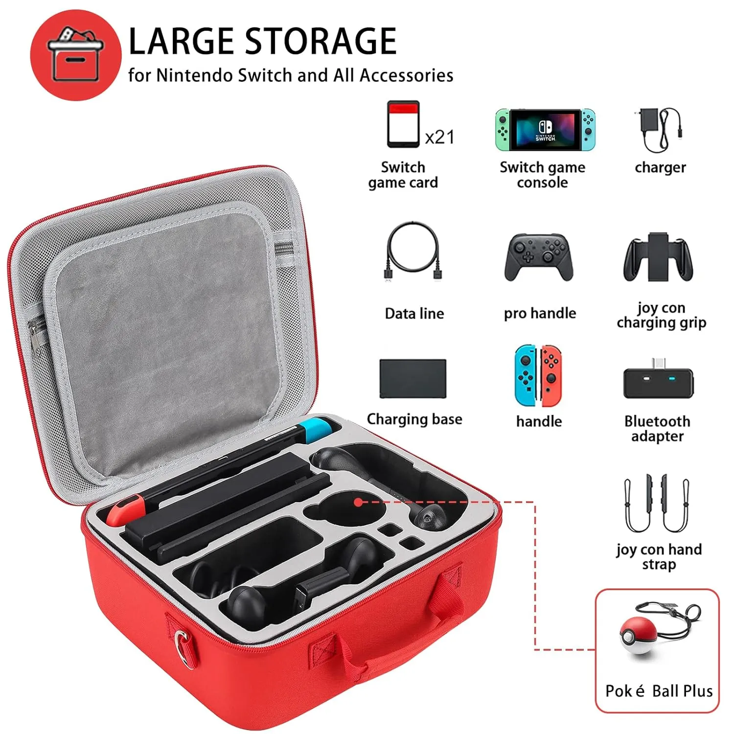 Red & White Hard Shell Carrying Case For Nintendo Switch/Switch OLED, Large Deluxe Waterproof Travel Bag Fits Switch Console & Full Set Accessories, with Removable Shoulder Strap & 21 game slot.
