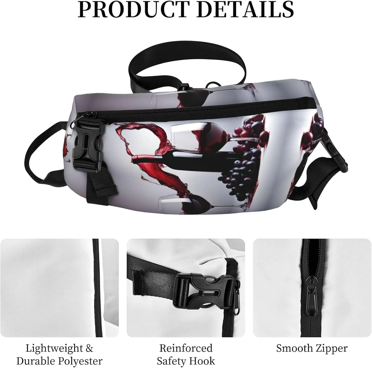 Red Wine Print Crossbody Backpack Casual Adjustable Bag Multifunctional Sling Backpack
