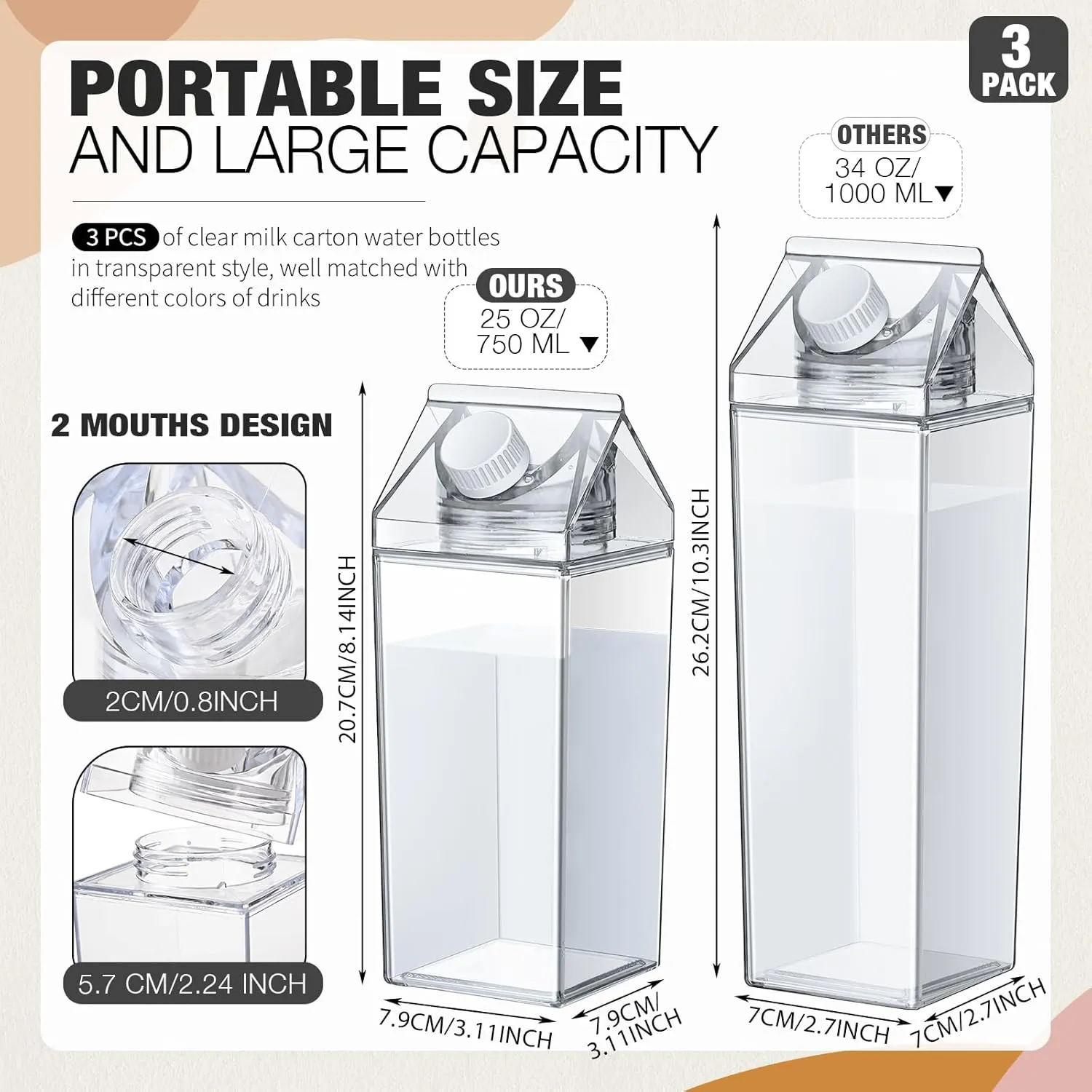Remerry 3 Pcs Milk Carton Water Bottle Square Plastic Coffee Portable Reusable Milk Carton Cup Leakproof Juice Bottle