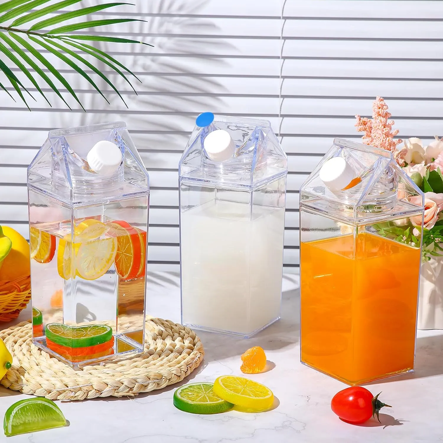 Remerry 3 Pcs Milk Carton Water Bottle Square Plastic Coffee Portable Reusable Milk Carton Cup Leakproof Juice Bottle