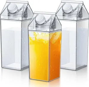 Remerry 3 Pcs Milk Carton Water Bottle Square Plastic Coffee Portable Reusable Milk Carton Cup Leakproof Juice Bottle