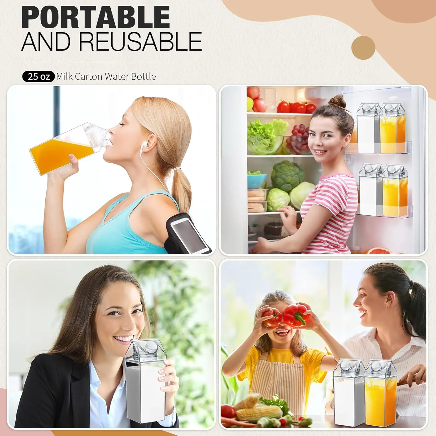 Remerry 3 Pcs Milk Carton Water Bottle Square Plastic Coffee Portable Reusable Milk Carton Cup Leakproof Juice Bottle