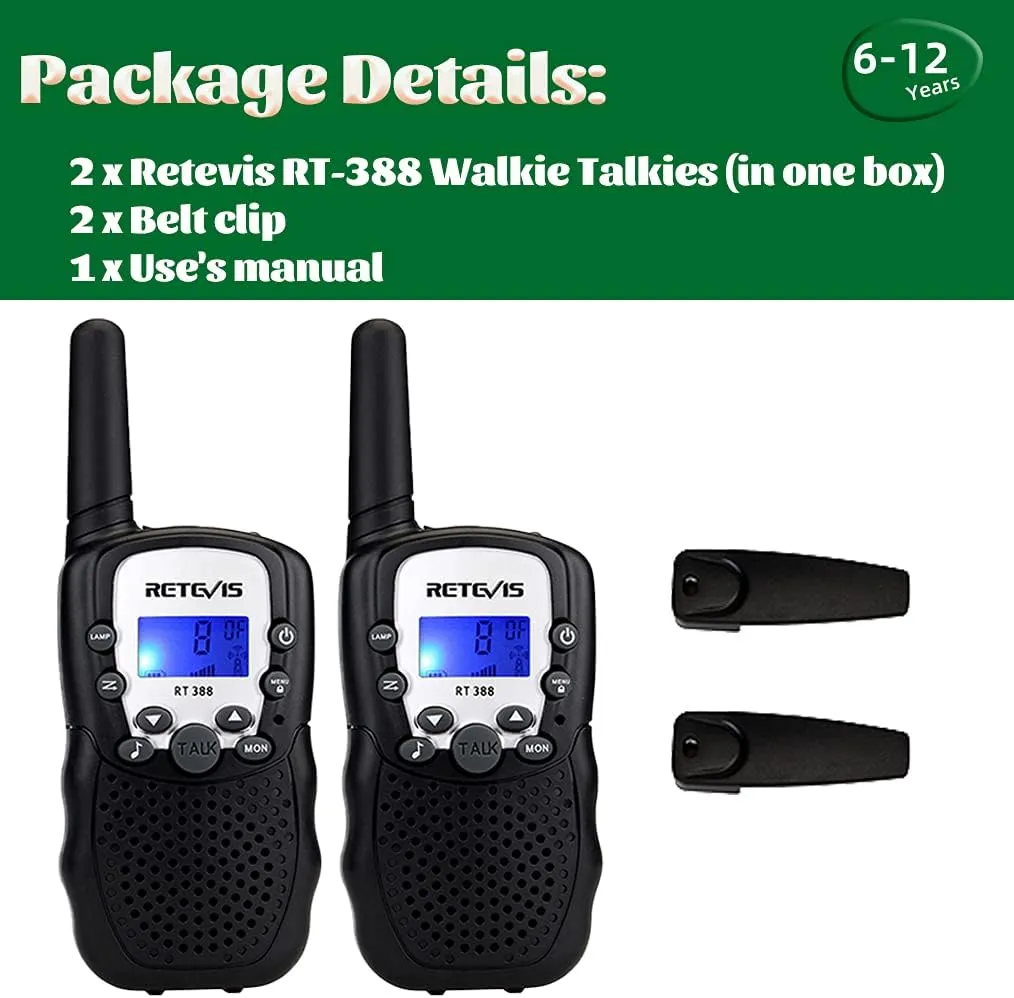 Retevis RT388 Walkie Talkies for Kids,Toys Walkie Talkie for 6-12 Years Old Boys Girls,Kids Toys Gifts for Outside Trip Camping Hiking (Black,1 Pair)