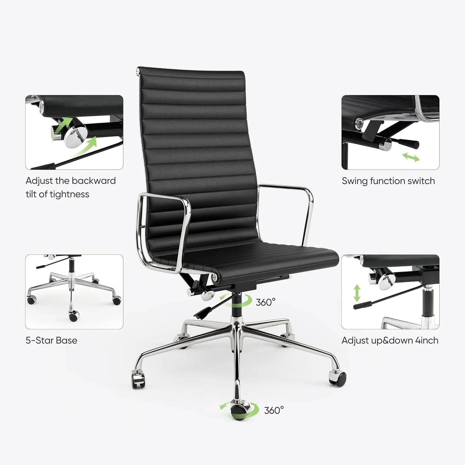 Ribbed Office Chair Top Grain Leather Desk Chair High Back Genuine Leather Swivel Chairs with Aluminum Alloy Arms & Base, with Silent Nylon Wheels, High Adjustable and Tilting Function, Black