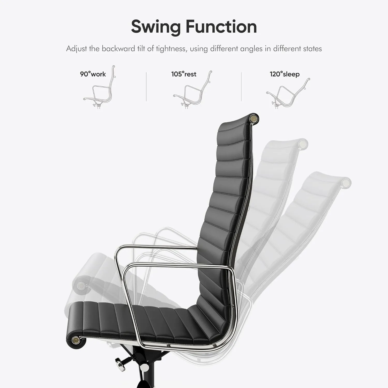 Ribbed Office Chair Top Grain Leather Desk Chair High Back Genuine Leather Swivel Chairs with Aluminum Alloy Arms & Base, with Silent Nylon Wheels, High Adjustable and Tilting Function, Black