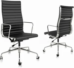 Ribbed Office Chair Top Grain Leather Desk Chair High Back Genuine Leather Swivel Chairs with Aluminum Alloy Arms & Base, with Silent Nylon Wheels, High Adjustable and Tilting Function, Black
