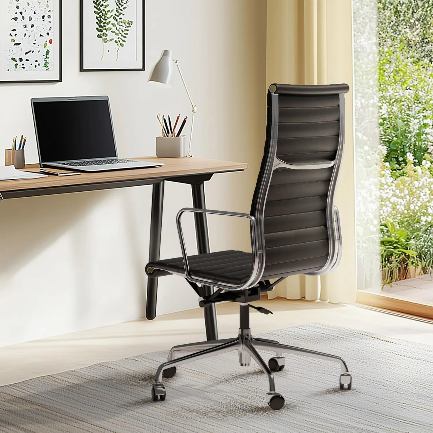 Ribbed Office Chair Top Grain Leather Desk Chair High Back Genuine Leather Swivel Chairs with Aluminum Alloy Arms & Base, with Silent Nylon Wheels, High Adjustable and Tilting Function, Black