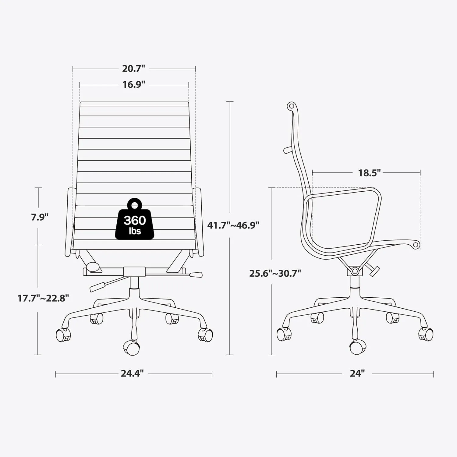 Ribbed Office Chair Top Grain Leather Desk Chair High Back Genuine Leather Swivel Chairs with Aluminum Alloy Arms & Base, with Silent Nylon Wheels, High Adjustable and Tilting Function, Black