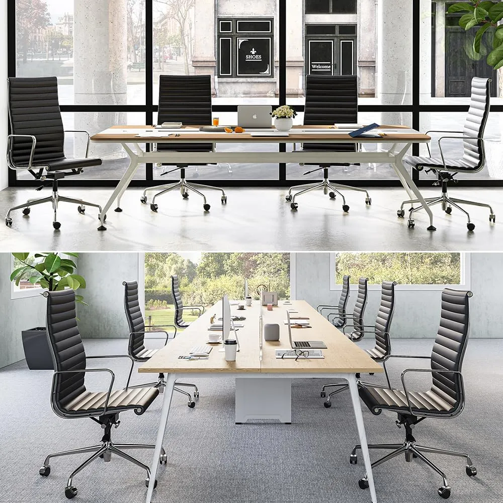Ribbed Office Chair Top Grain Leather Desk Chair High Back Genuine Leather Swivel Chairs with Aluminum Alloy Arms & Base, with Silent Nylon Wheels, High Adjustable and Tilting Function, Black